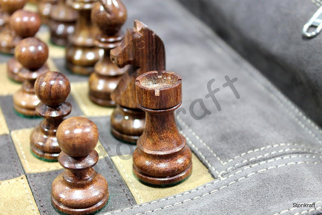 StonKraft 19 "x 15" (Schachbrett Grösse 12 "x 12") Echtes Roll-up Leder Schachspiel - Mit Holz Schac