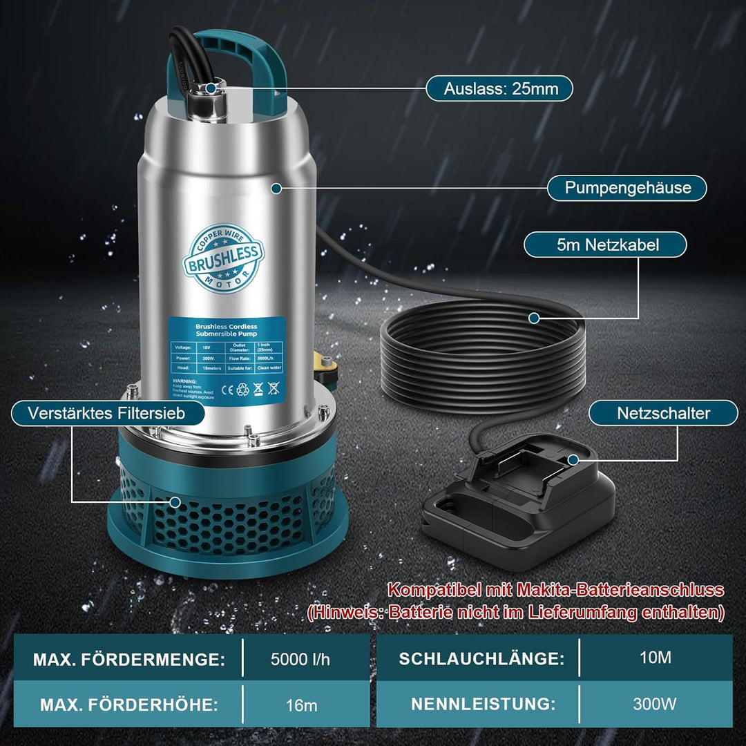 Tauchpumpe kompatibel mit Makita 18V Akku (keine Batterie)– 5000L/H Kabellose Wasserpumpe mit 10m Sc