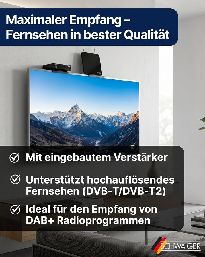 SCHWAIGER 720372 DVB-T2 Zimmerantenne aktiv mit Verstärker DAB+ DVB-T Antenne Fernsehen LTE-Sperrfil