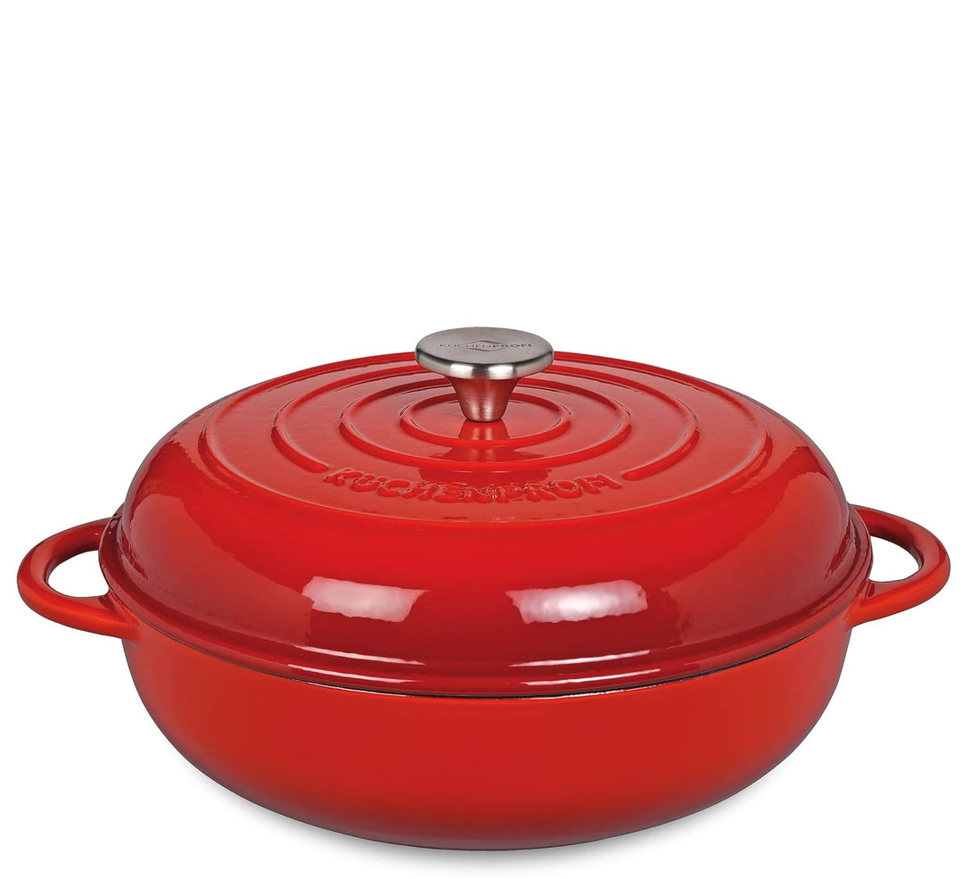 Kuchenprofi Gusseisen Pfanne 28 cm, emailliert, Pfanne mit Seitengriffen und Gusseisendeckel, rot 04