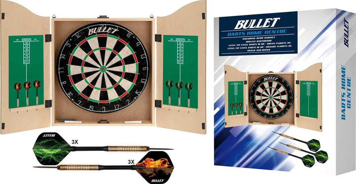 Bullet Dartschrank aus Holz - Board aus Borsten-Sisal - 6-27x Steeldarts - mit Scoreboard im Inneren