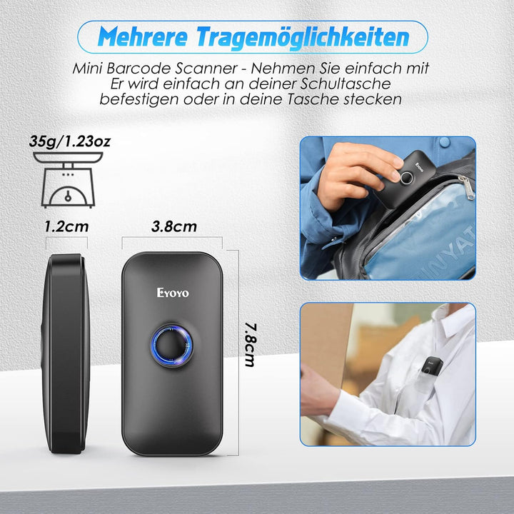 Eyoyo Mini 2D Bluetooth Barcode Scanner, 3 in1 Bluetooth & USB Kabel & 2.4G Wireless Barcode Leser,