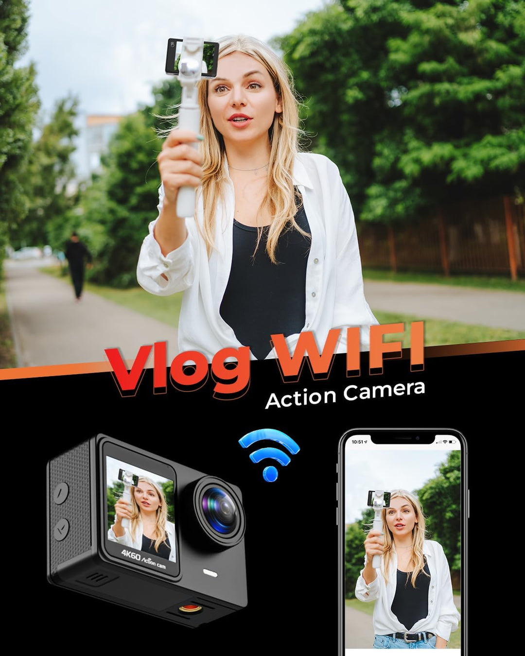 4K60FPS 24MP Action Cam, Touchscreen Sportkamera mit 64GB SD-Karte, Unterwasserkamera 131FT Wasserdi