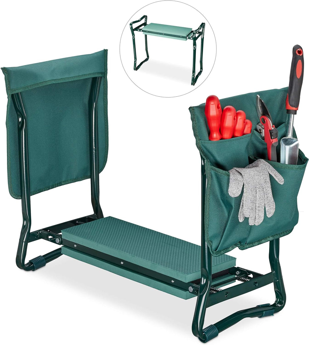 Relaxdays, grün Kniebank, weiches Kniekissen, 2 Taschen, klappbar, Kniehilfe Gartenarbeit, bis 150 k