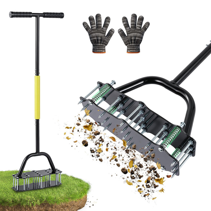 Rasenlüfter mit Feder – 17 scharfe Metallspitzen,T-Griff mit Polsterung – manueller Aerifizierer für