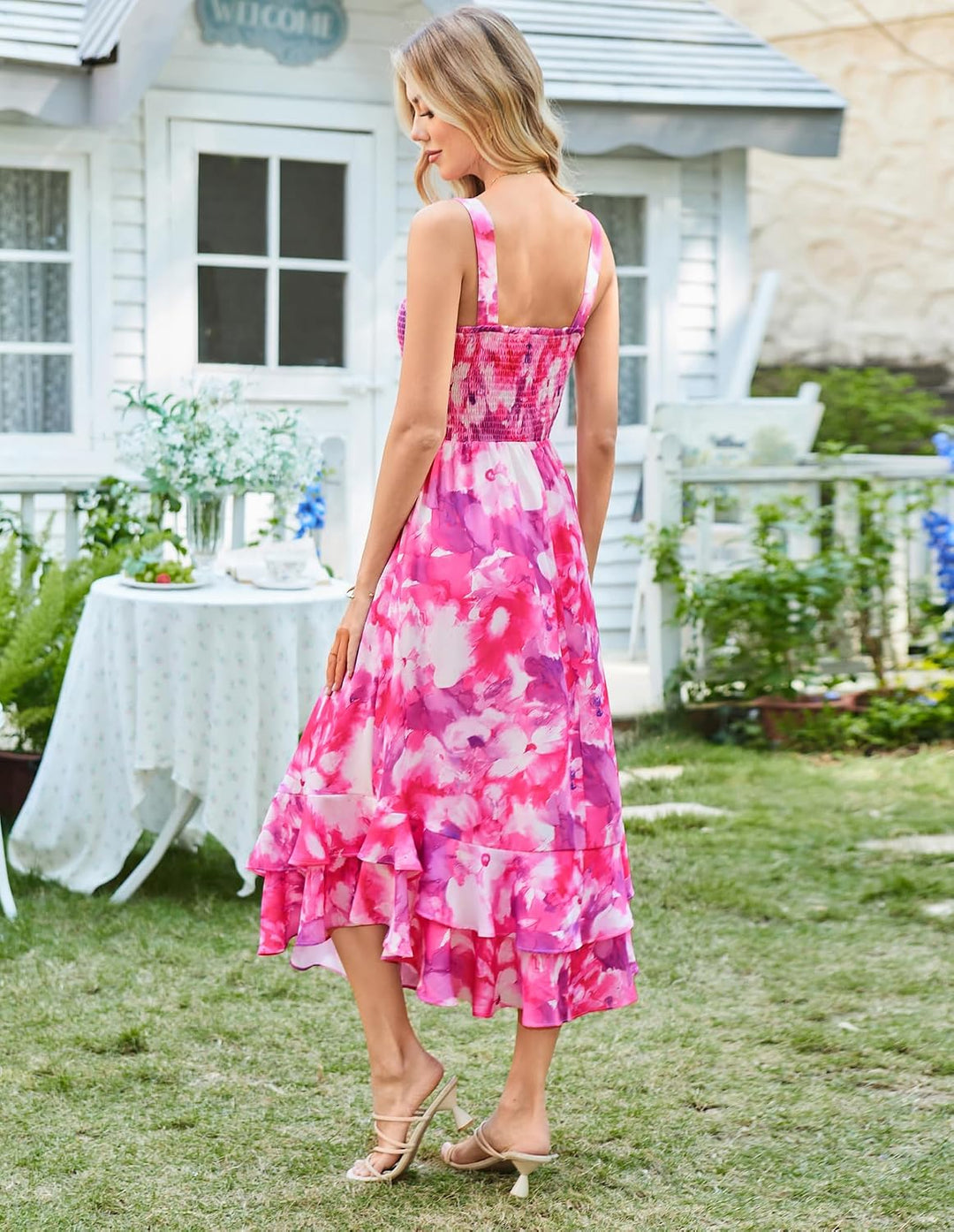 GRACE KARIN Damen langes Blumenkleid Ärmellos Spaghettiträger Freizeitkleid Böhmisch Maxikleid Stran