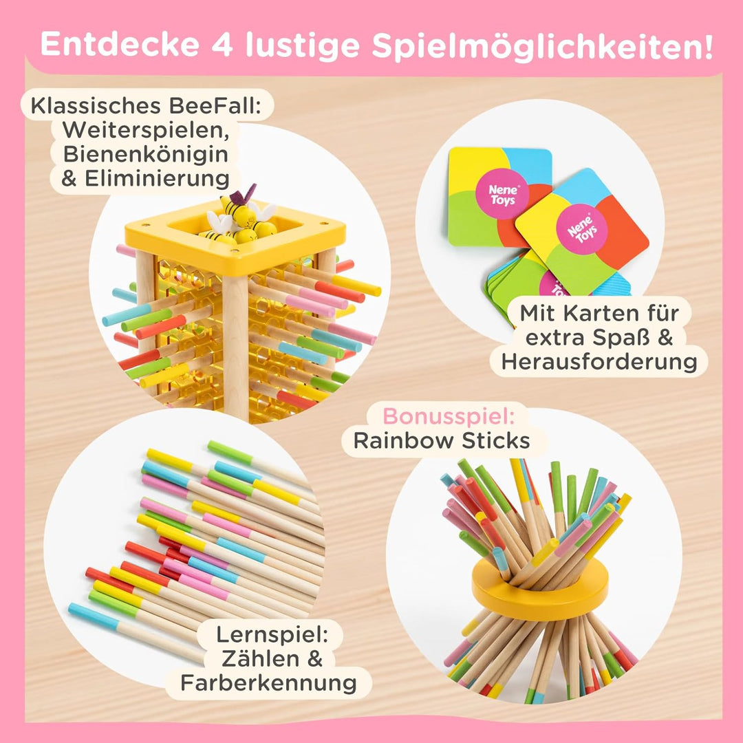 Nene Toys BEEFALL Bienen Geschicklichkeitsspiel für Kinder 3 4 5 6 Jahre – Holz-Turmspiel mit Würfel