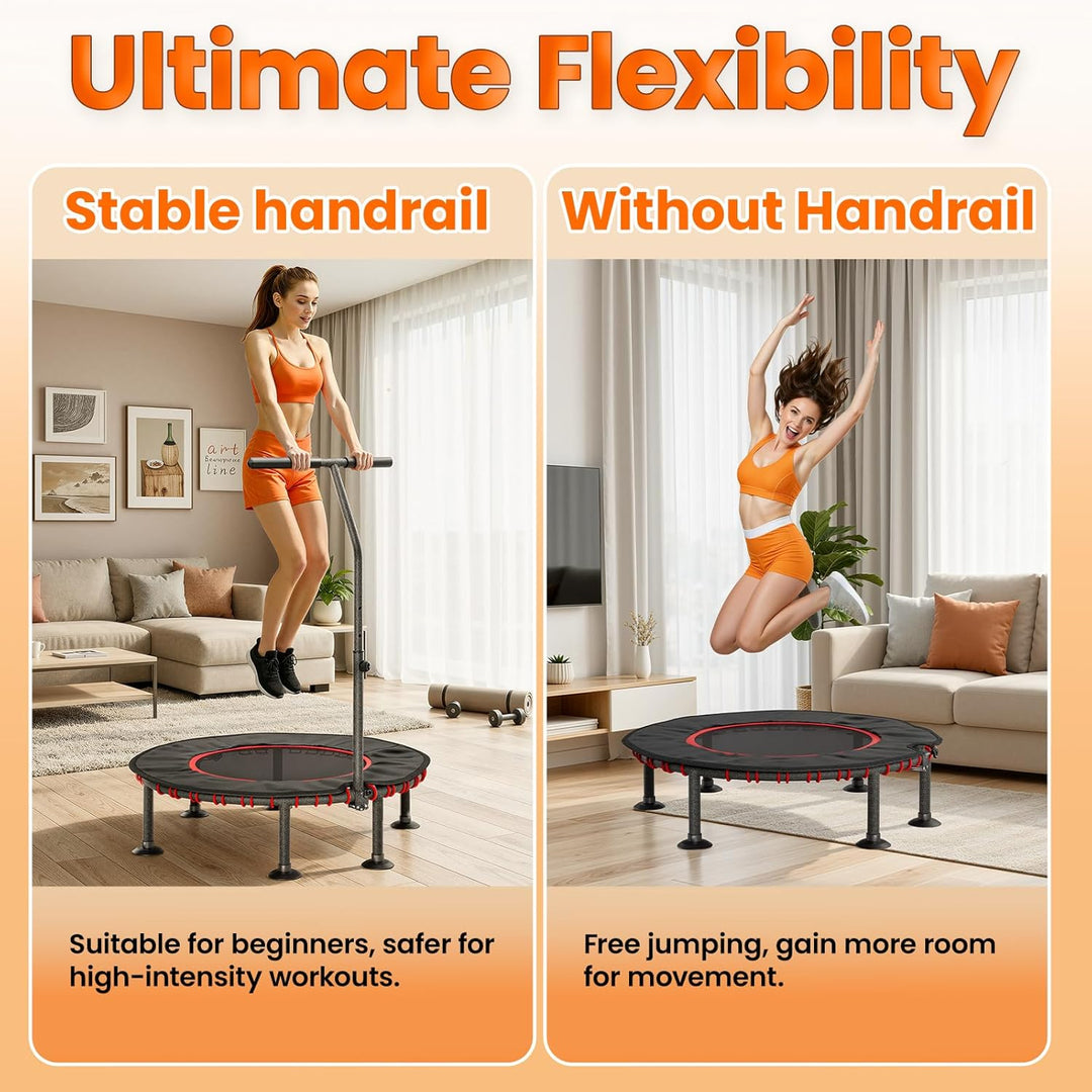 LIFERUN Fitness Trampolin Indoor | mit Randabdeckung | Bis 150kg Belastbar | 3 Verstellbare Haltegri