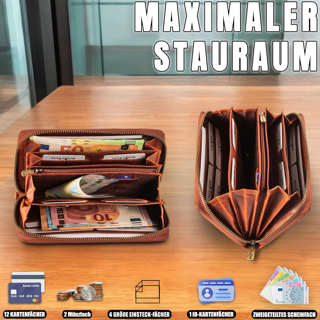 MATADOR Echt Leder Damen Lang-Geldbörse Clutch Portemonnaie TüV Geprüfter RFID Schutz Geldtasche Blu