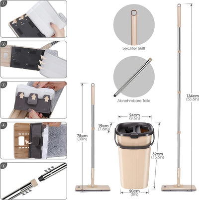 Myiosus Wischmopp Set mit Eimer, Putzeimer mit Wischmop, Bodenwischer mit Auswringfunktion, 6 Mikrof