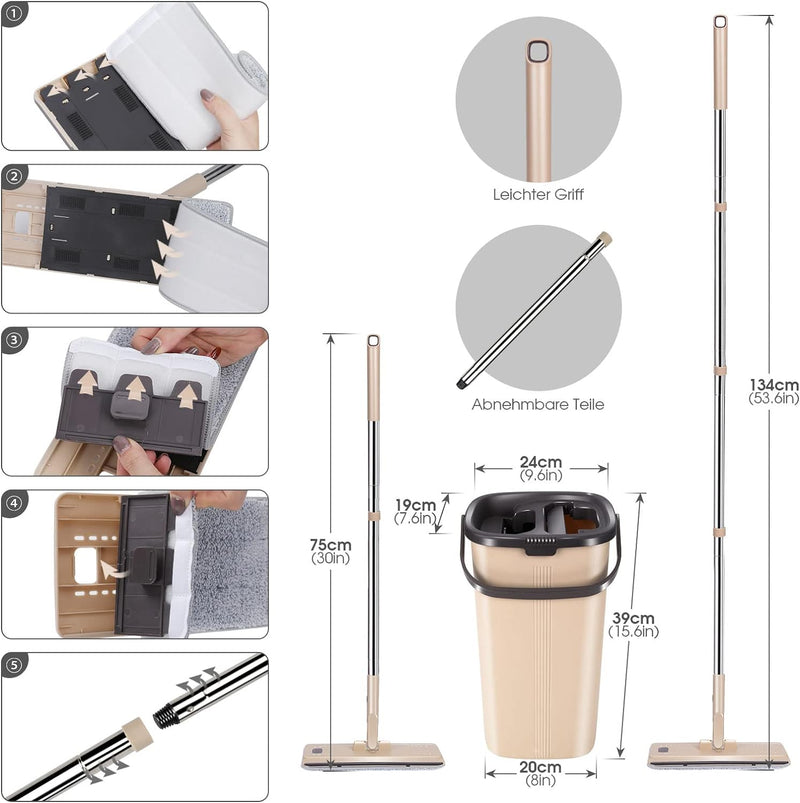 Myiosus Wischmopp Set mit Eimer, Putzeimer mit Wischmop, Bodenwischer mit Auswringfunktion, 6 Mikrof