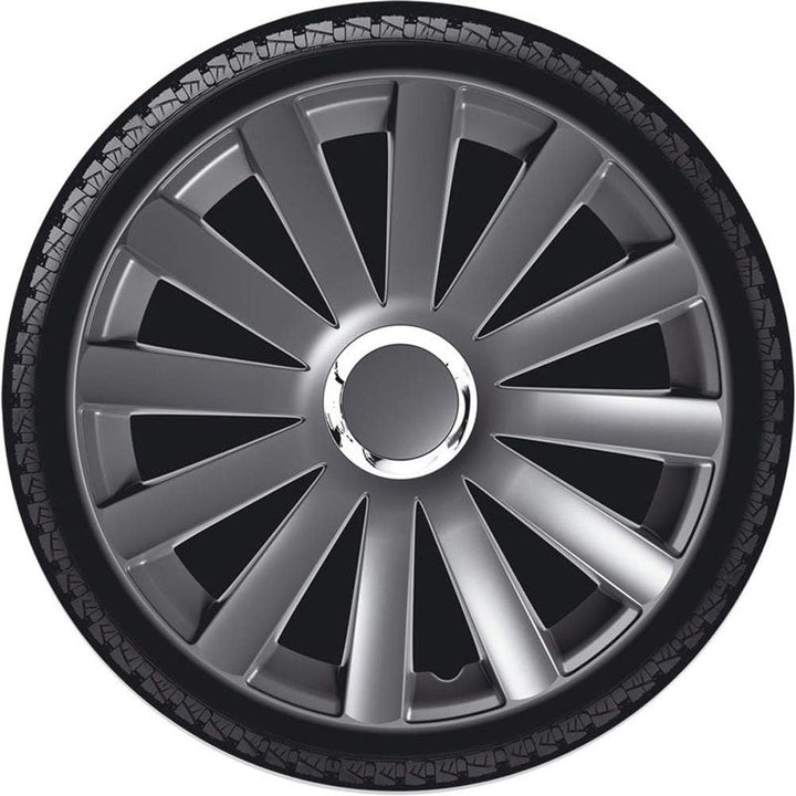 AUTO-STYLE Satz Radzierblenden Spyder 14-Zoll Gun-Metal + Chrom Ringe 14-inch Gun-Metal + Chrom Ring