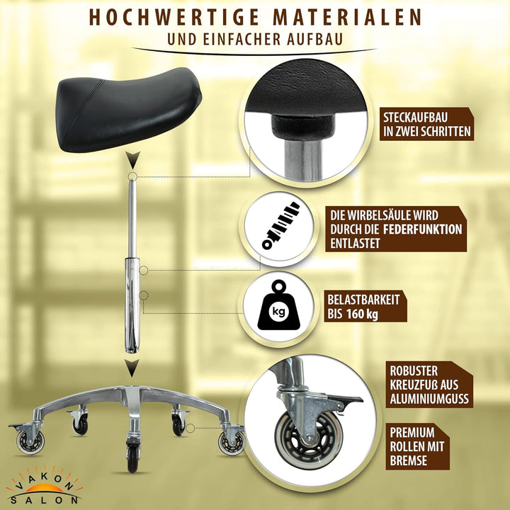Premium Sattelhocker schwarz mit Bremse, Sattelstuhl für Rückenentlastung, Rollhocker höhenverstellb