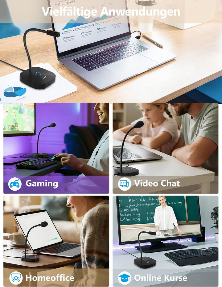 MillSO USB Mikrofon für PC Standmikrofon mit Touch-Mute, 360° Schwanenhals