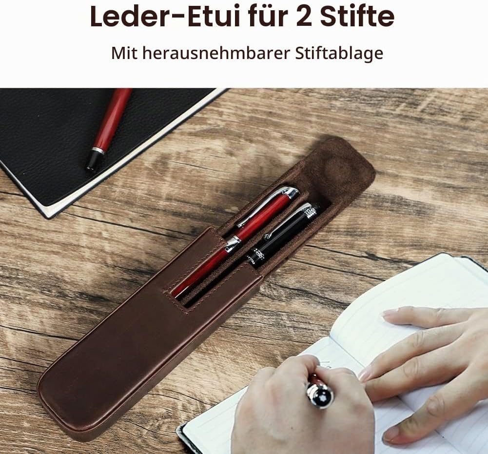 Hiram Leder-Füllhalteretui für 2 Stifte, Tragbare Aufbewahrungsbox für Stifte aus Leder mit Versteck