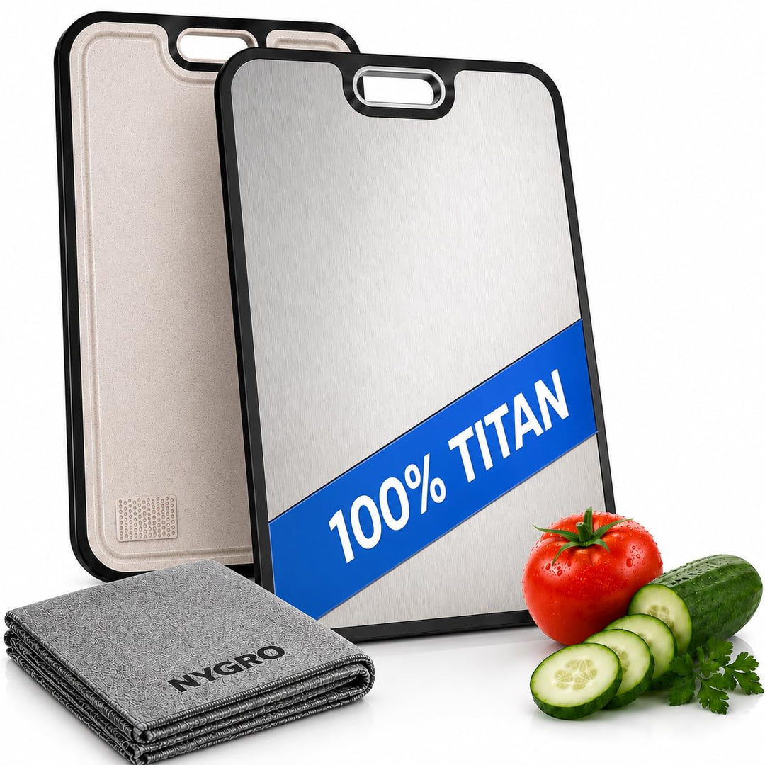 NYGRO Schneidebrett Titan - Antibakteriell, Nickelfrei, Hygienisch, Rutschfest | 100% Titan Schneide