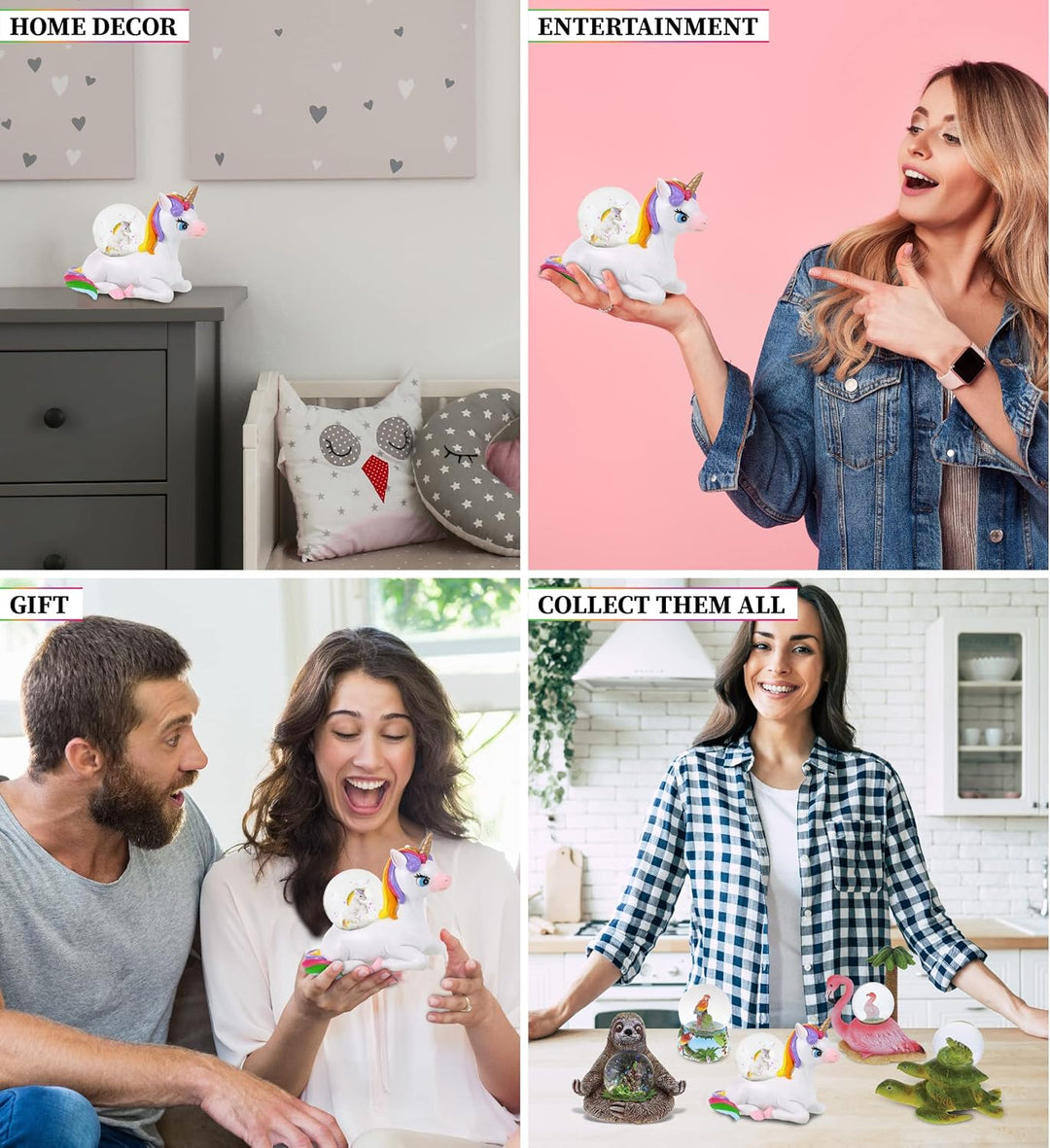 COTA Globa Einhorn Schneekugel Dekor - Rosa Funkeln Regenbogen Figur, Coole Ornament Miniatur für Wo