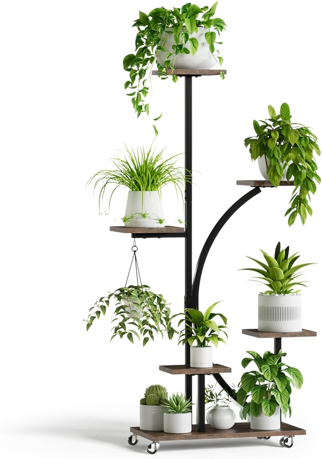 Pflanzenständer mit Wachstumslicht, Blumenständer 6 Stöckiges 125cm, Pflanzenregal Metall Holz mit F