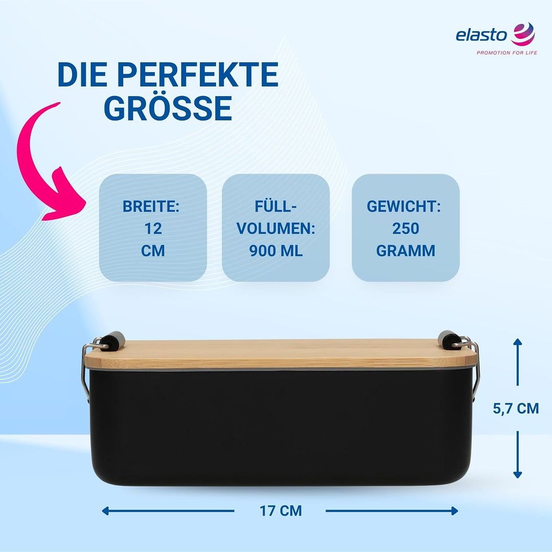 Brotdose Bamboo 900 ml - Bambusdeckel und Aluminiumbehälter in Schwarz | luftdicht, Schule, Büro, Pi