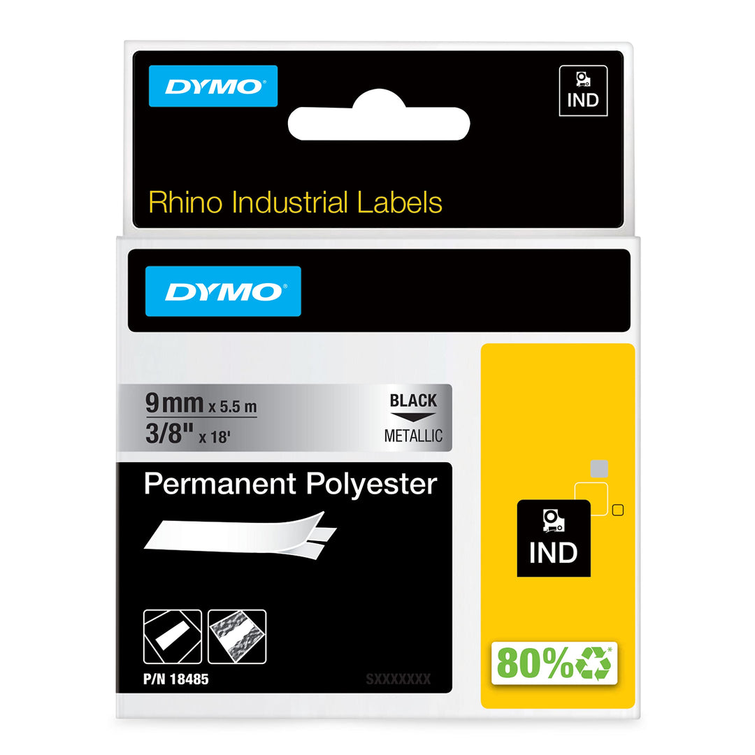 DYMO Rhino Industrie Permanente Polyesteretiketten | 9 mm x 5,5 m | Schwarz auf Metallic | selbstkle