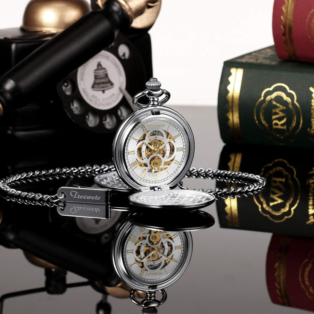 TREEWETO Taschenuhr Unisex Taschenuhr mit Kette Analog Mechanisch Handaufzug Doppelscharnier Antik R
