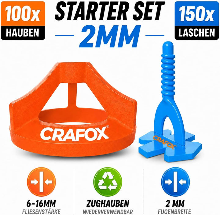 CRAFOX Fliesen Nivelliersystem 2mm Set | 150x Laschen & 100x Hauben | STARTER Set für ein perfektes