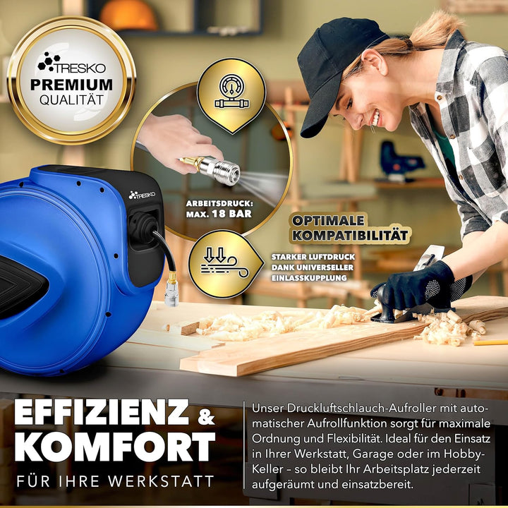 TRESKO® 15m Druckluftschlauch Aufroller automatisch 1/4" Anschluss | Schlauchtrommel Wandschlauchhal