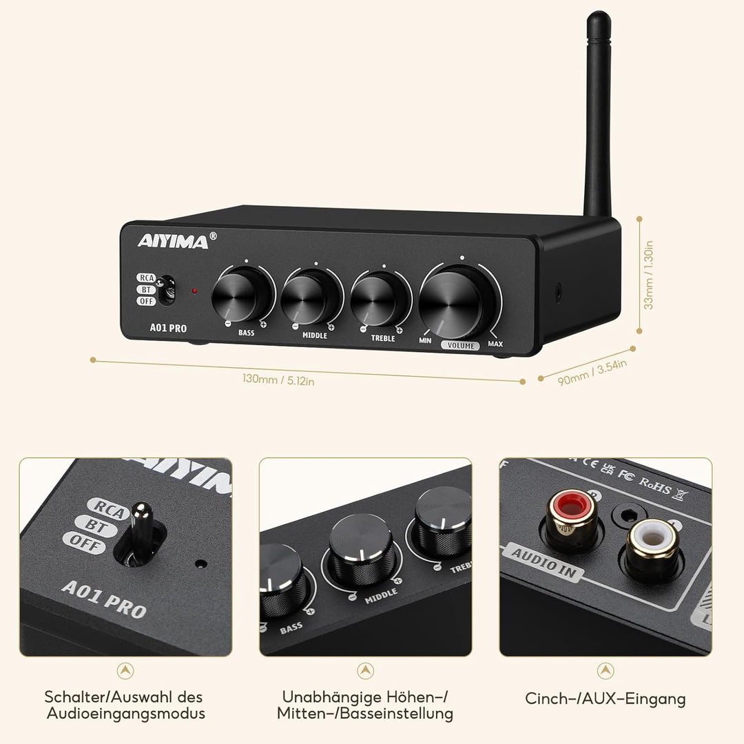 AIYIMA A01PRO Bluetooth 5.1 Audio Verstairker 100Wx2 Mini Hifi Verstarker 2.0 Kanal Klasse D TPA3116
