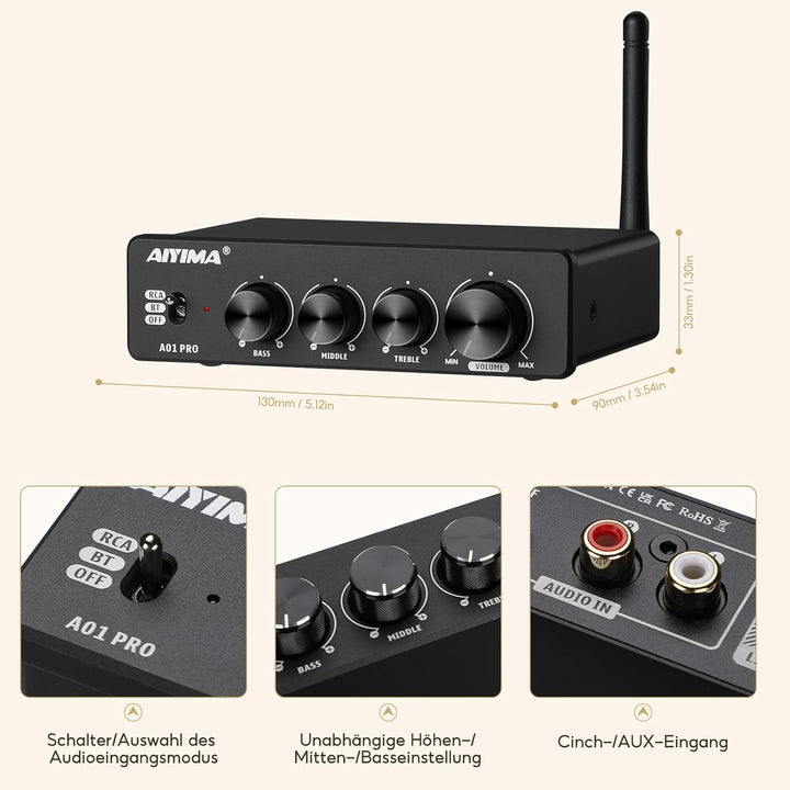 AIYIMA A01PRO Bluetooth 5.1 Audio Verstairker 100Wx2 Mini Hifi Verstarker 2.0 Kanal Klasse D TPA3116