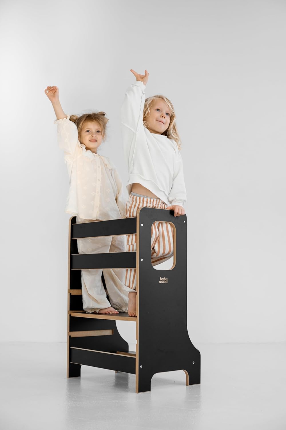 Lernturm Double Slim, Holz Lernturm für Geschwister, Entdeckungsturm für Zwei Kinder, Lernstuhl aus