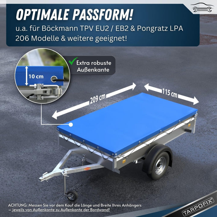 Tarpofix® Anhängerplane Flachplane 209x115x10 cm inkl. Planenseil - ECHTES PVC PLANENMATERIAL - Rand