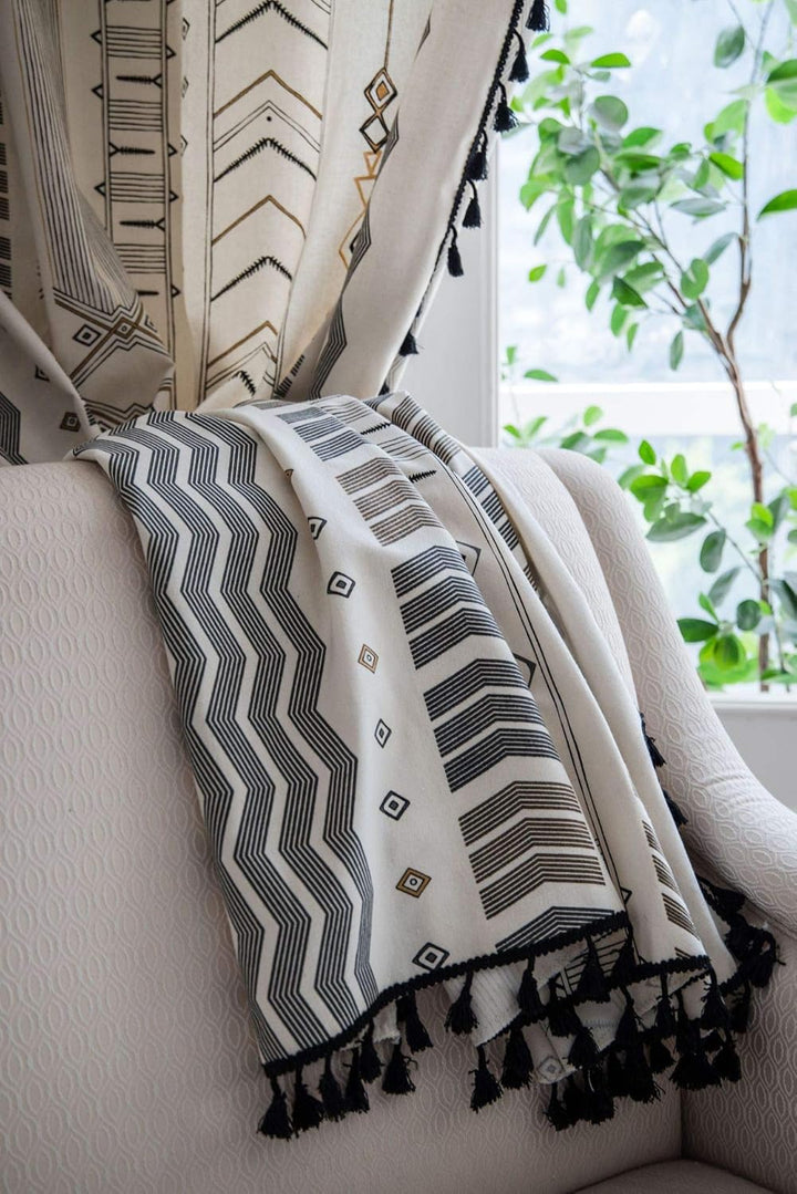 Boho Vintage Gardinen mit Quaste Halbverdunkelungsvorhänge mit Ösen Baumwolle Leinen Dekoschal für W