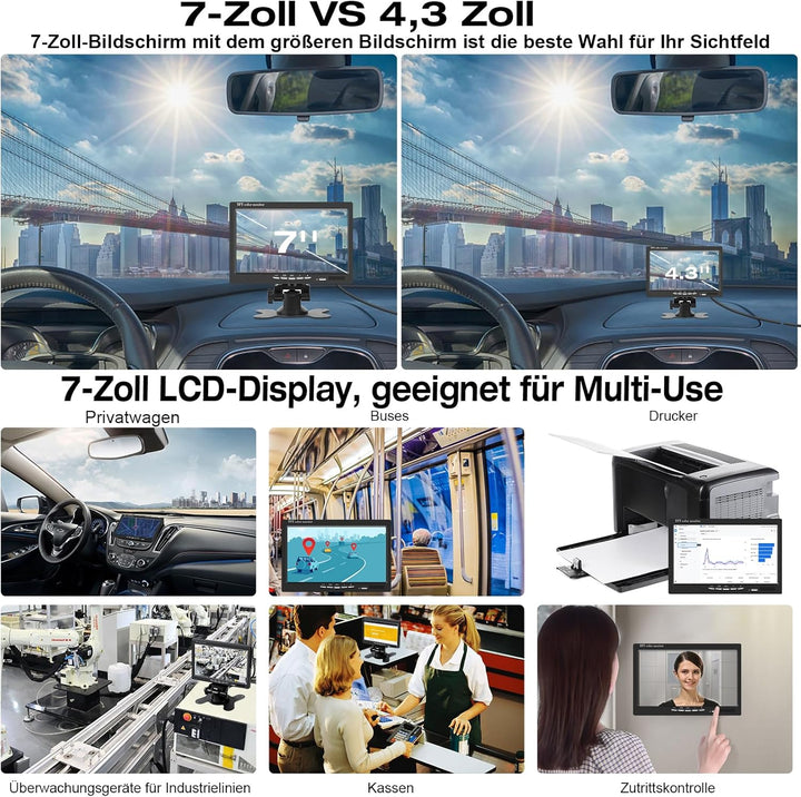 7 Zoll Rückfahrmonitor für Rückfahrkamera Kamera System, TFT LCD Rear View Monitor Screen für Auto S