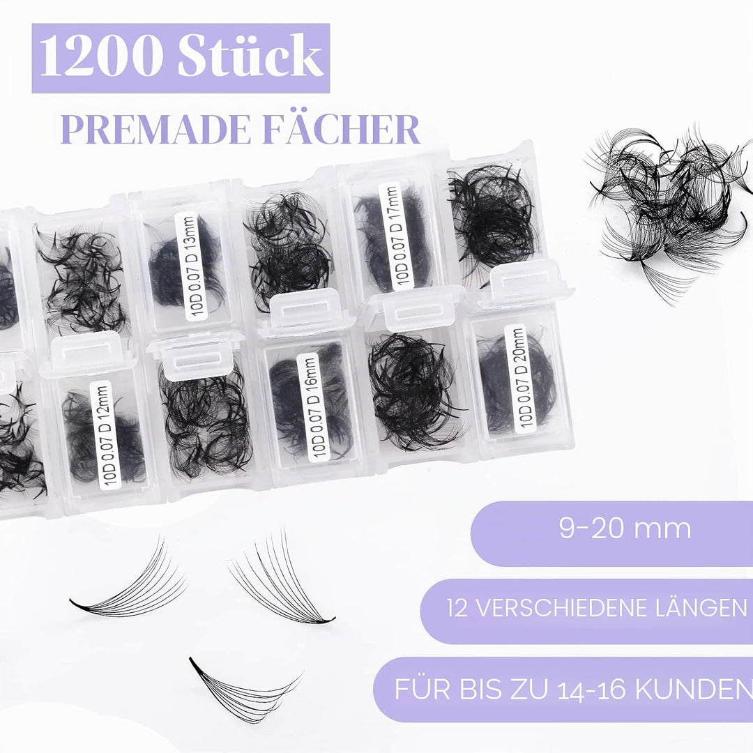 10D Gefächerte Volumen Wimpern 1200 Pcs Fertig Fächer Wimpernverlängerung C Curl 0.07mm 9-20mm Mixed