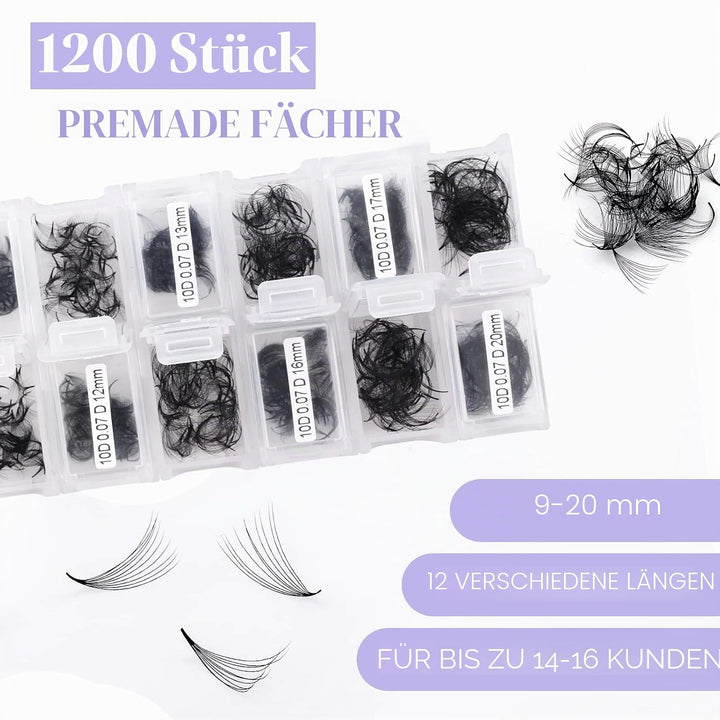 10D Gefächerte Volumen Wimpern 1200 Pcs Fertig Fächer Wimpernverlängerung C Curl 0.07mm 9-20mm Mixed
