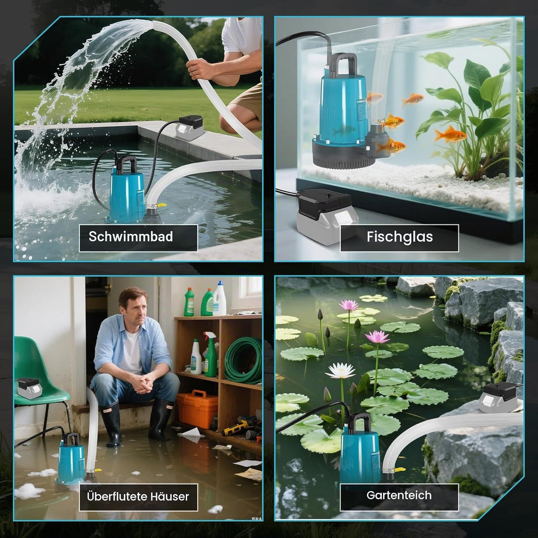 Akku Tauchpumpe Kompatibel mit Makita 18V Batterie (Ohne Akku), 2800L/H Fördermenge, Förderhöhe 12m,