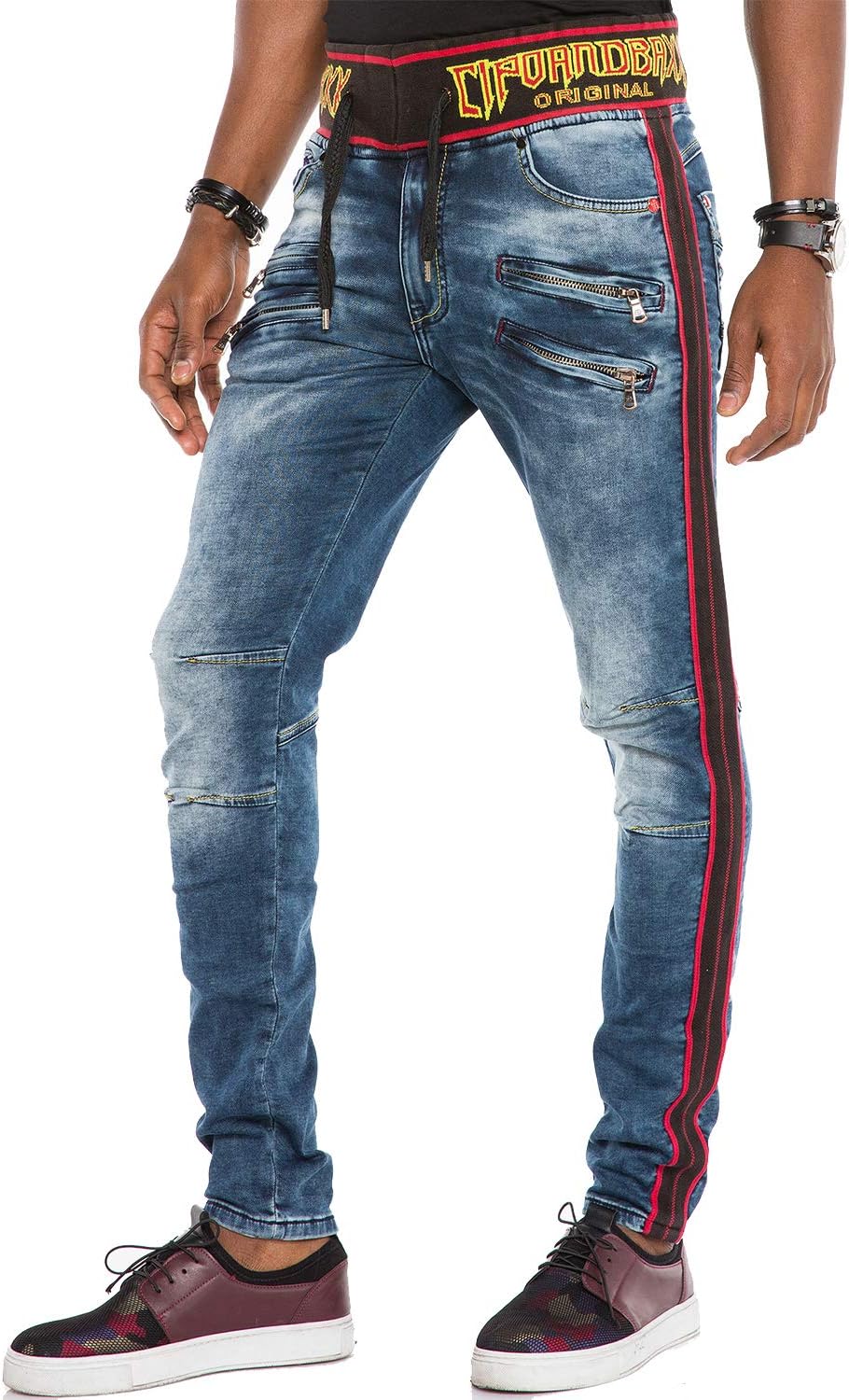 Cipo & Baxx Herren Ausgefallene Jeans Hose Fashion Used Design Pants gestreift mit Gummibund Blau W3