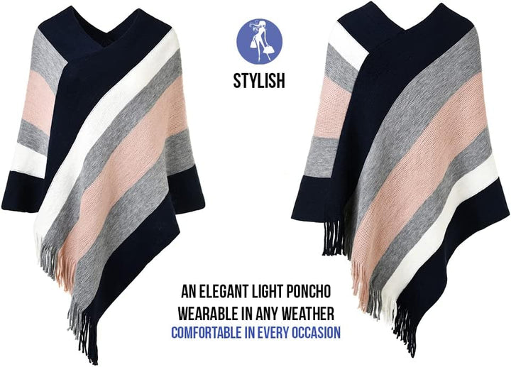 Ferand Damen Gestreifter Poncho Pullover Vielseitiger Schal zum Wickeln mit Fransen für Herbst und W