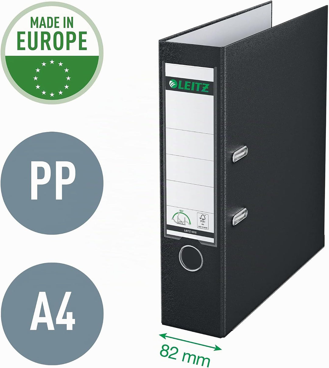 Leitz Qualitäts-Ordner 180° Plastik, 20er Pack, A4, Schwarz, 8,2 cm Rückenbreite, PP-laminierter Ein