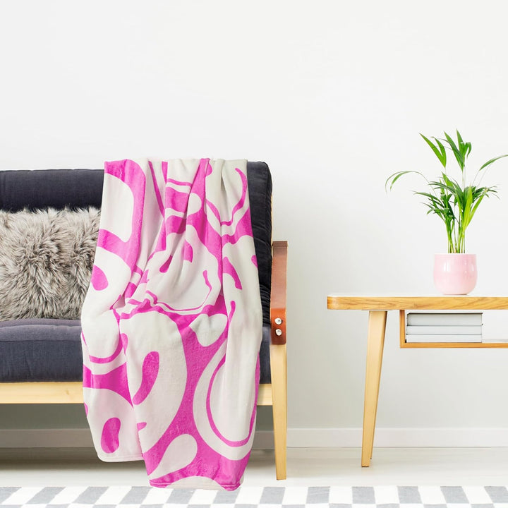 Frienda Adrette Überwurfdecke, rosa lächelndes Gesicht, niedlich, Flanell, weiche Plüschdecke, flaus