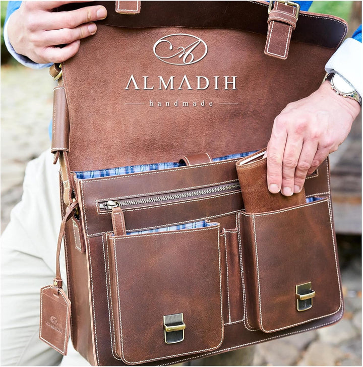ALMADIH Leder Portemonnaie Hochformat RFID Schutz 12 Kartenfächer Rindsleder mit Geschenkbox (P1H-BV