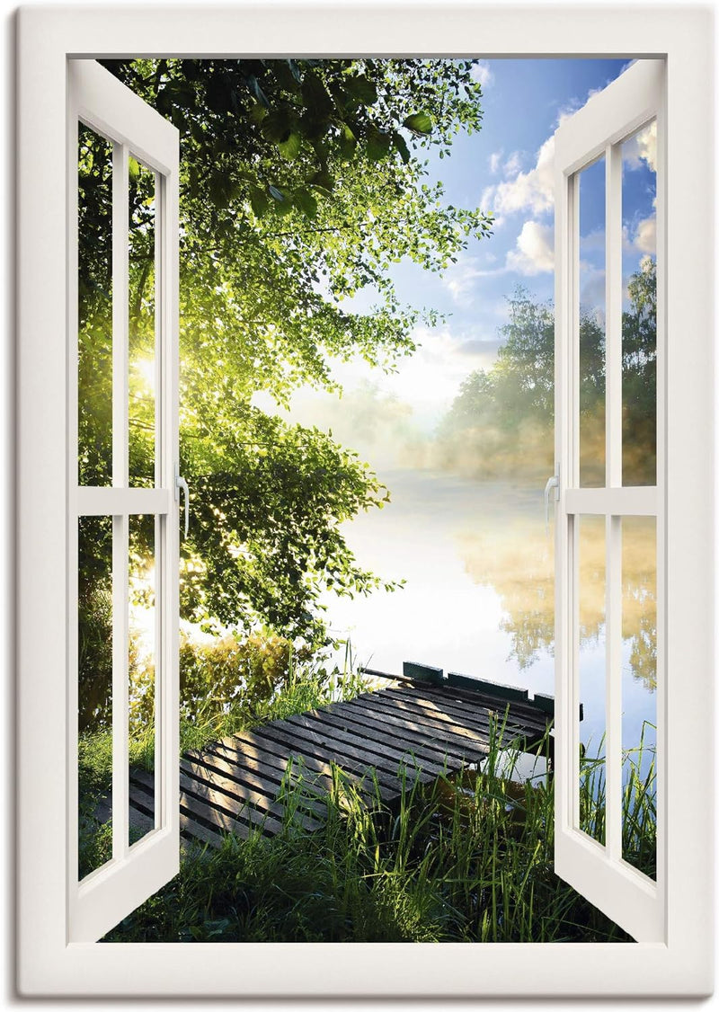 Artland Leinwandbild Wandbild Bild Leinwand 50x70 cm Wanddeko Fensterblick Fenster Landschaft Wald N