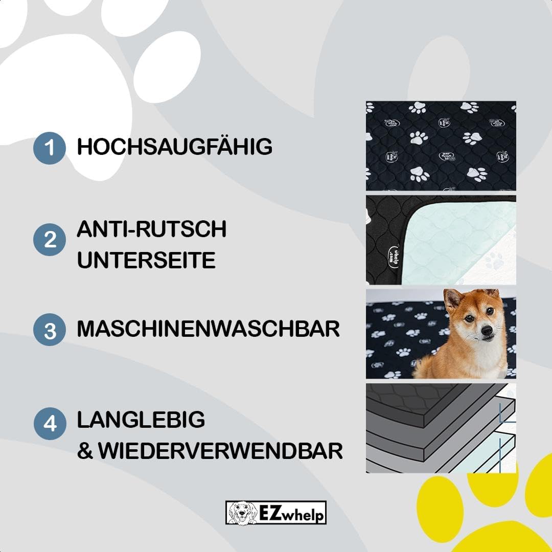 EZwhelp 4-lagige PIPI Matten für Hunde | Waschbar und Wasserfest | rutschfeste Inkontinenzunterlage