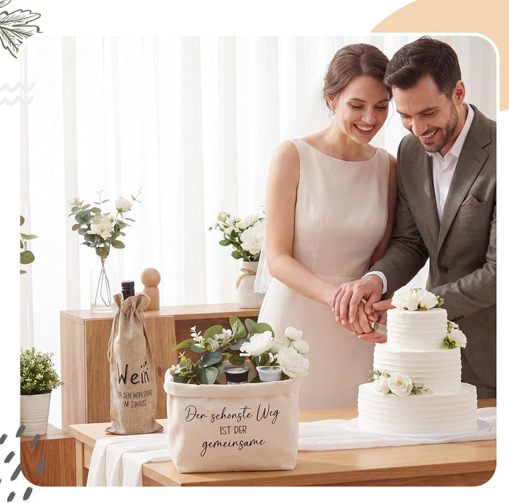 Sinmoe Hochzeitsgeschenk für Brautpaar Brotkorb Salz und Pfefferstreuer Jute Weinbeutel Hochzeitskar