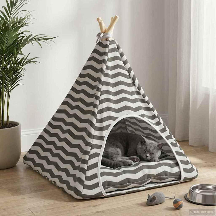 Haustier-Tipi mit Kissen Weiss Grau 60 x 60 x 70 cm, waschbares Kuschelbett für Katzen und Hunde, St