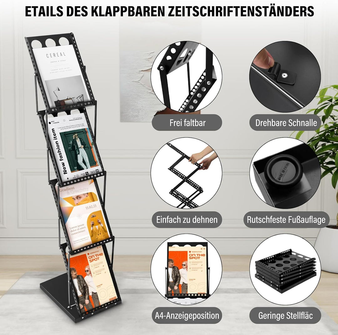 SUNDOY Faltbarer Zeitschriftenständer mit 4 Taschen – Magazinhalter & Broschüre Prospekthalter mit T
