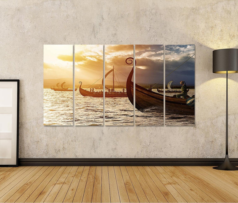 islandburner Bild auf Leinwand Wikinger Sturm Schiffe Meer Bilder Wandbilder Poster Leinwand 170x80c