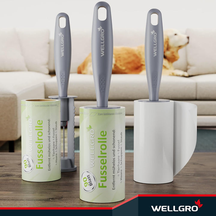 WELLGRO Fusselrolle Tierhaare – 10 Rollen 900 Blatt + 2 Abroller – Fusselroller Kleidung & Kleberoll
