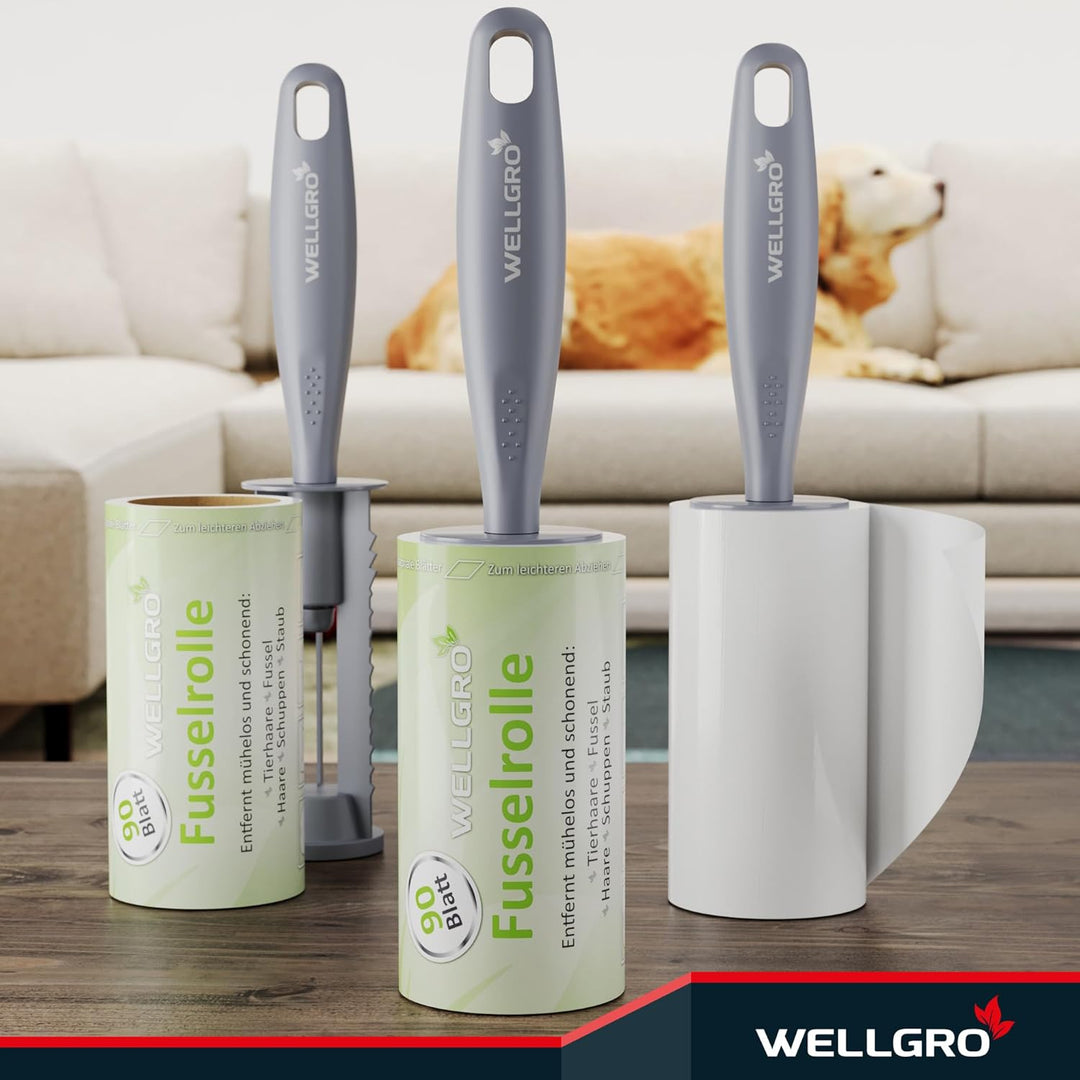 WELLGRO Fusselrolle Tierhaare – 20 Rollen 1800 Blatt + 4 Abroller – Fusselroller Kleidung & Kleberol