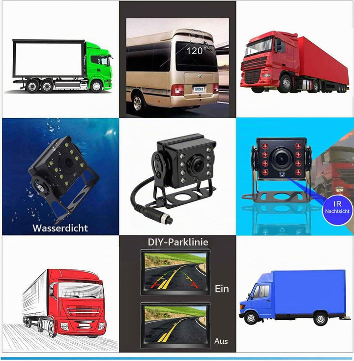 4Pin Auto-Rückfahrkamera Parkassistenzsystem, 12V-24V 5 "TFT LCD HD Farb-Rückfahrmonitor + 8 LEDs Na